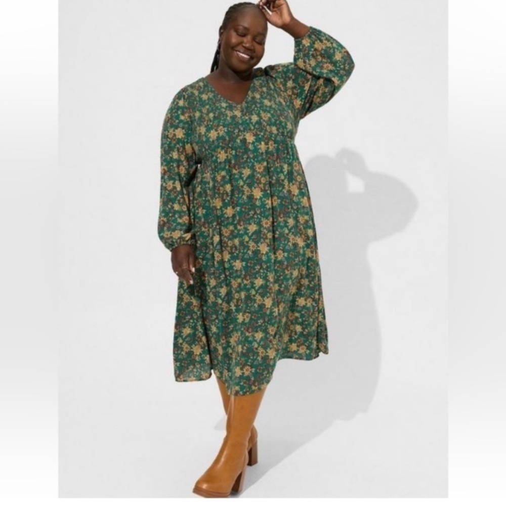 TORRID Midi Washable Gauze Smocked Bodice Long Sleeve Dress
